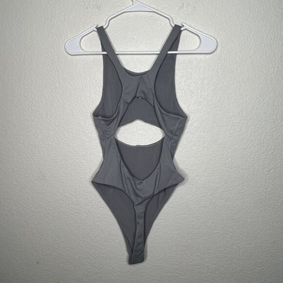 FOR LOVE & LEMONS Ribbed Cutout Bodysuit Grey Keyhole Thong Sexy Size Small R23 - Picture 4 of 6